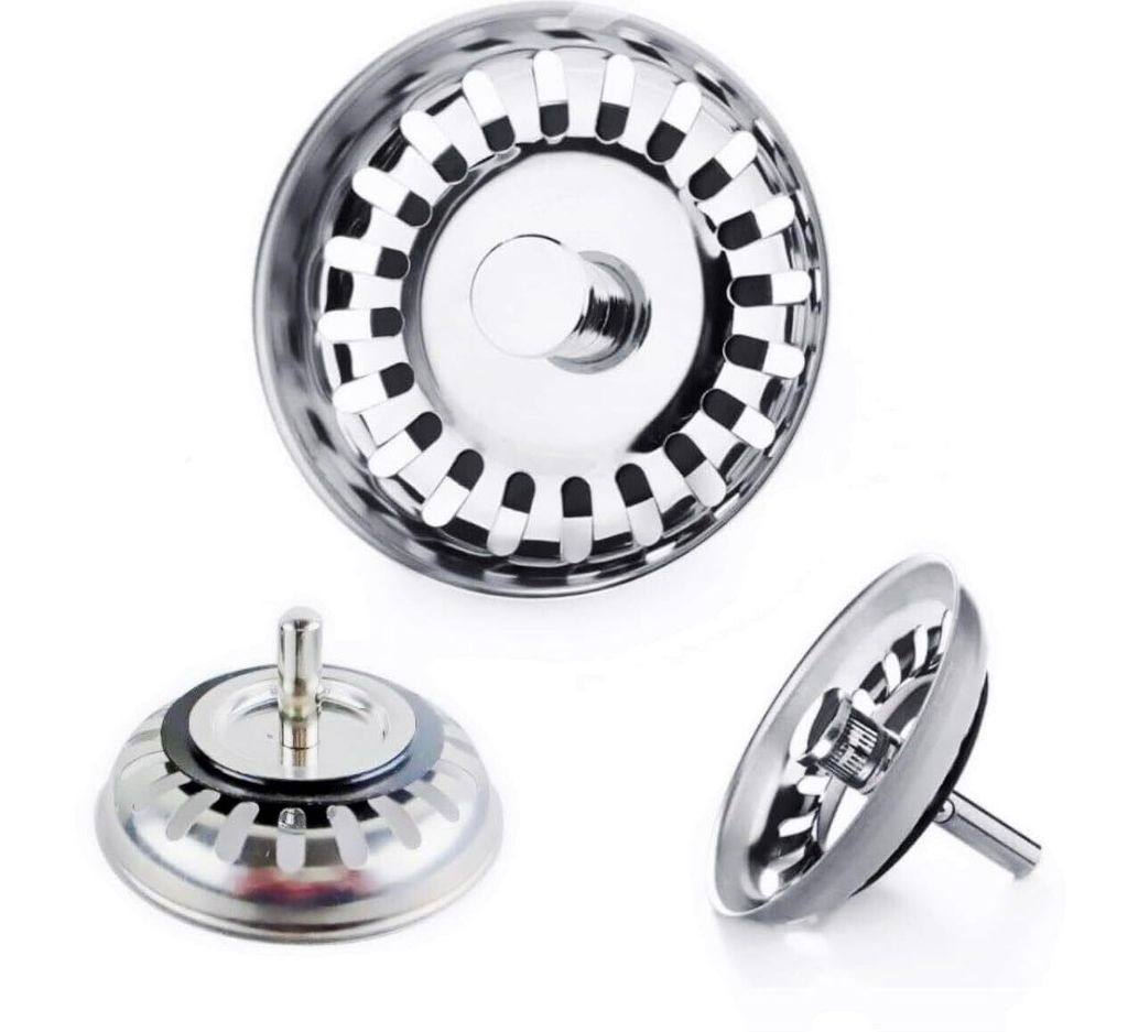 Three views of a stainless steel sink strainer.