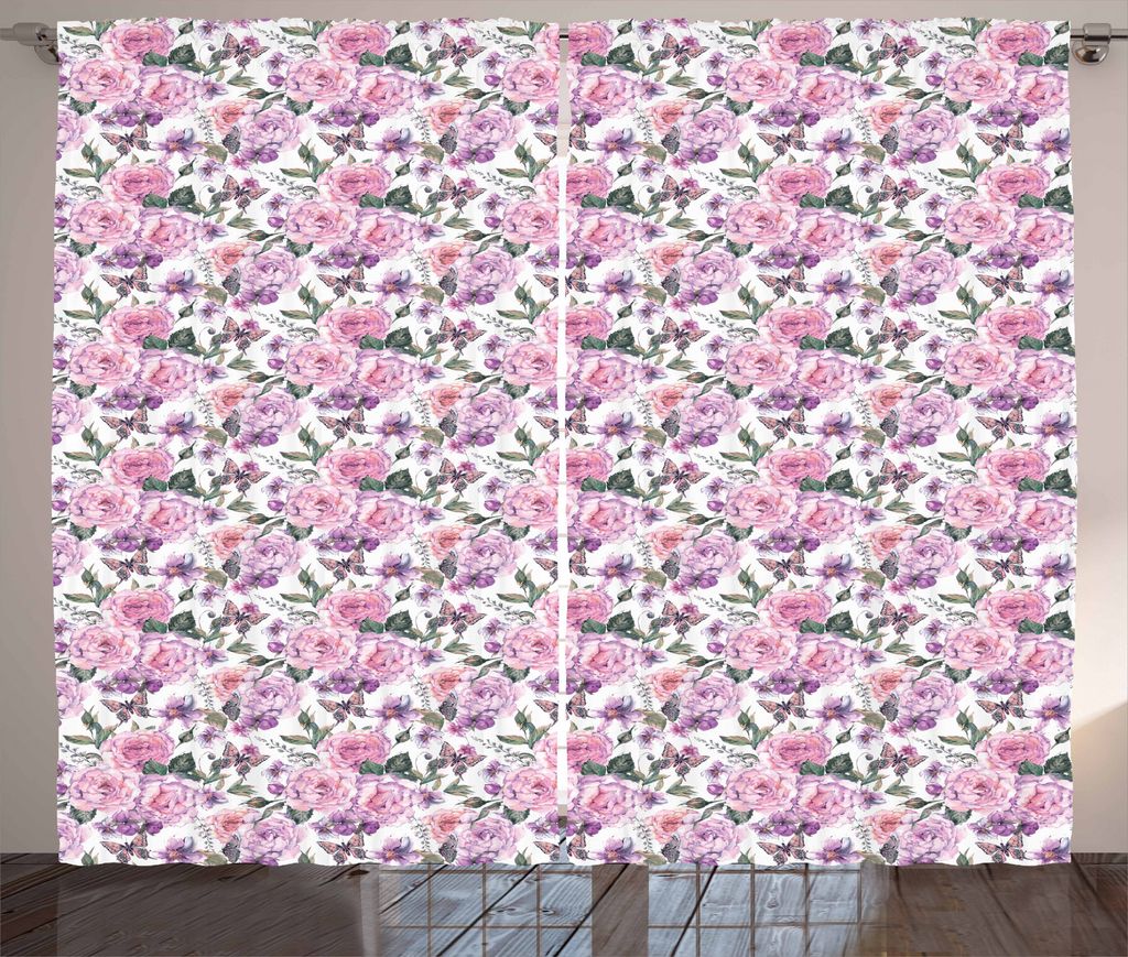 ABAKUHAUS Blumen Rustikaler Gardine, Swallowtails und Rosen, Schlafzimmer Kräuselband Vorhang mit Schlaufen und Haken, 280 x 175 cm, Mehrfarbig