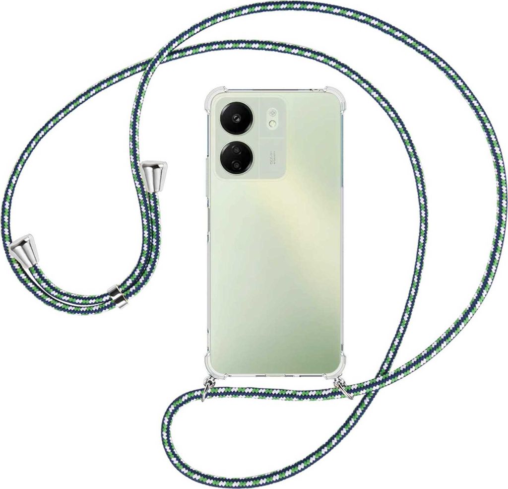 Handykette Backcover-Schutzhülle mit Band (Metall silberfarben) für Xiaomi Redmi 13C (6.71'') - grün/blau/weiß