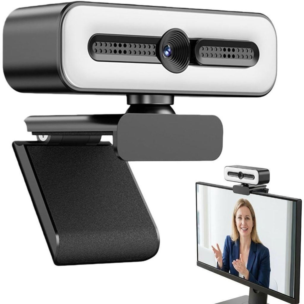 Webcam HD 1080P mit Ring-Beleuchtung Klarer Stereo-Mikrofone Plug&Play 120°Ansicht, USB PC Webcam für Living Streaming Videoanruf Konferenz Spiel