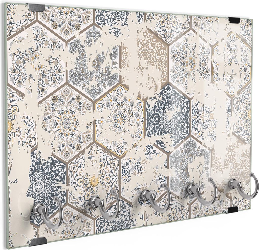 DEQORI Schlüsselbrett Glas 30x20 cm 'Abgenutztes Fliesenmuster' Schlüssel Halter Haken