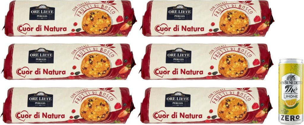 6er-Pack Ore Liete Cuor di Natura Biscotti con Cereali,Kekse mit Getreide und Beeren,ohne Zuckerzusatz,250g + 1er-Pack San Benedetto Eistee mit Zi...