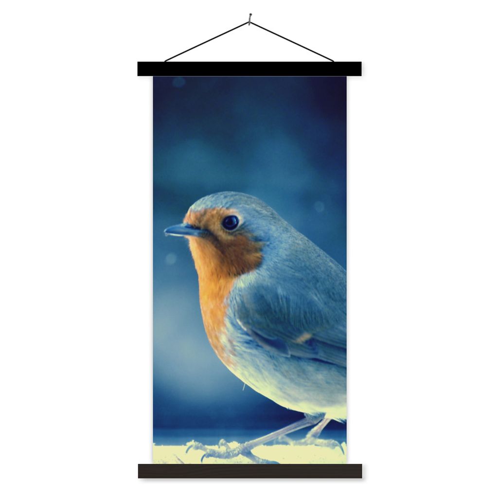 MuchoWow Textilposter Rotkehlchen - Blau - Schnee 40x80 cm mit schwarzem Rahmen - Wandemalerei