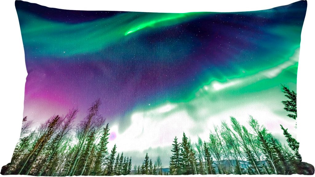 MuchoWow Zierkissen Sofakissen Wohnzimmer Dekokissen 50x30 cm Nordlichter - Nadelbaum - Alaska - Wohnzimmerdekoration - Polster mit Photo