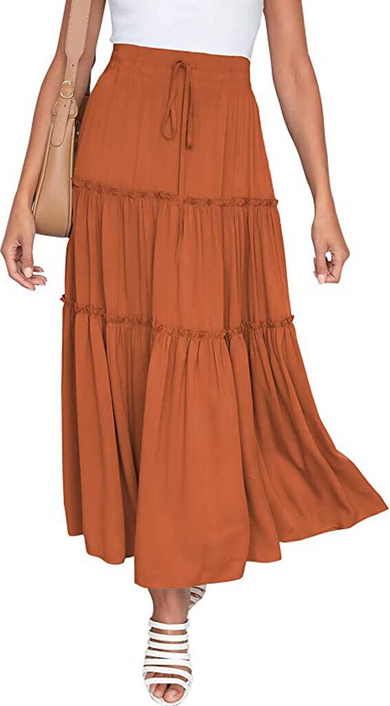 ASKSA Damen Elegant Maxirock Elastische Hohe Waist Rock A-Linie Ruffle Hem Kordelzug Swing Maxi Skirt, Orange, M