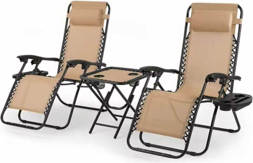 2er Set Zero Gravity Lounge Stühle – Verstellbare Outdoor-Stühle mit Becherhalter – Beige – Klappbar – Bis 140kg Traglast