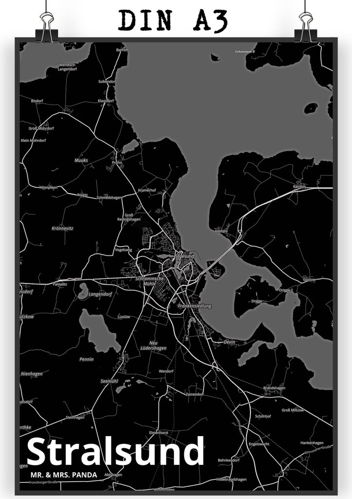 Mr. & Mrs. Panda Bild Stralsund DIN A3 - Geschenk, drucke, wanddeko, Stadt, Deko, wanddruck, Dorf Karte Landkarte Map Stadtplan, Wandbild