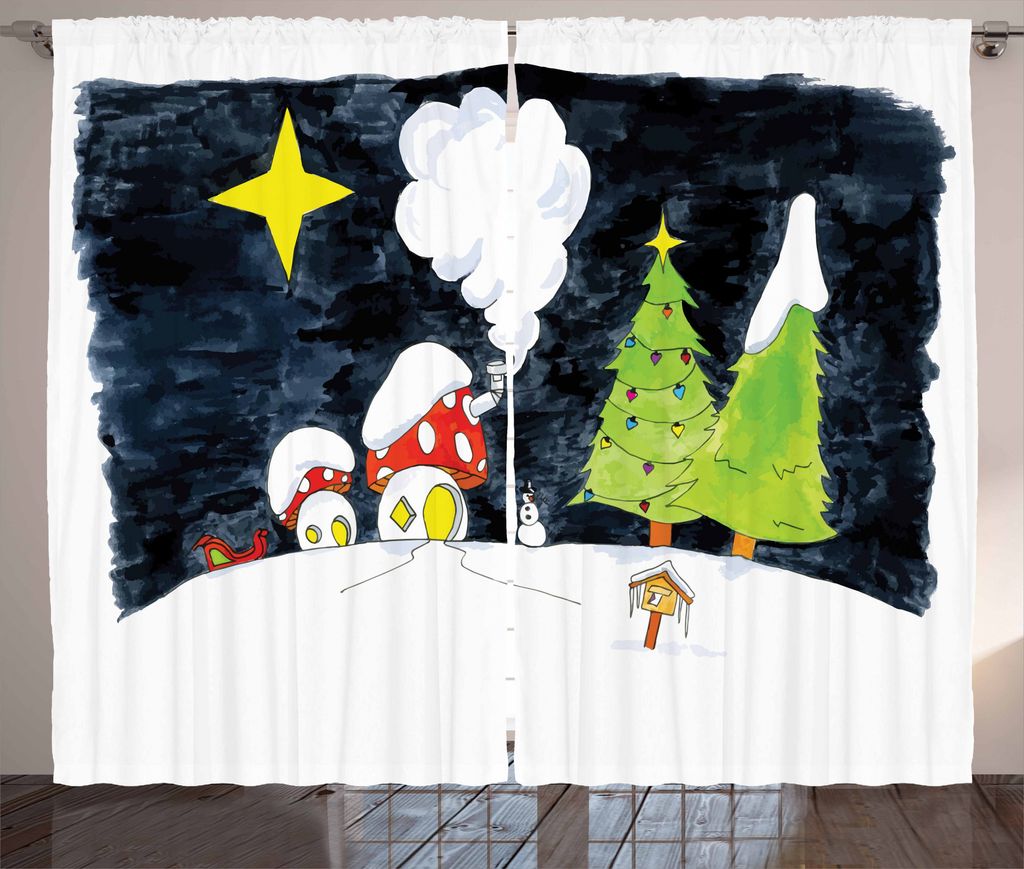 ABAKUHAUS Weihnachten Rustikaler Gardine, Dorf Mushroom Häuser, Schlafzimmer Kräuselband Vorhang mit Schlaufen und Haken, 280 x 175 cm, Mehrfarbig