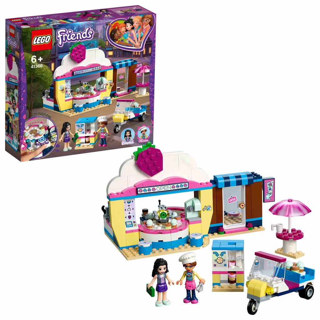 A collage showing the LEGO Friends Olivias Cupcake-Café set, including the box and the assembled toy with minifigures and accessories.