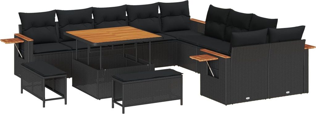 Möbel 13-teiliges Garten Sofa Set mit Kissen Schwarz Poly Rattan Akazie, 3-teiliges Garten Esszimmer Set mit Kissen Schwarz Poly Rattan Akazie - G...