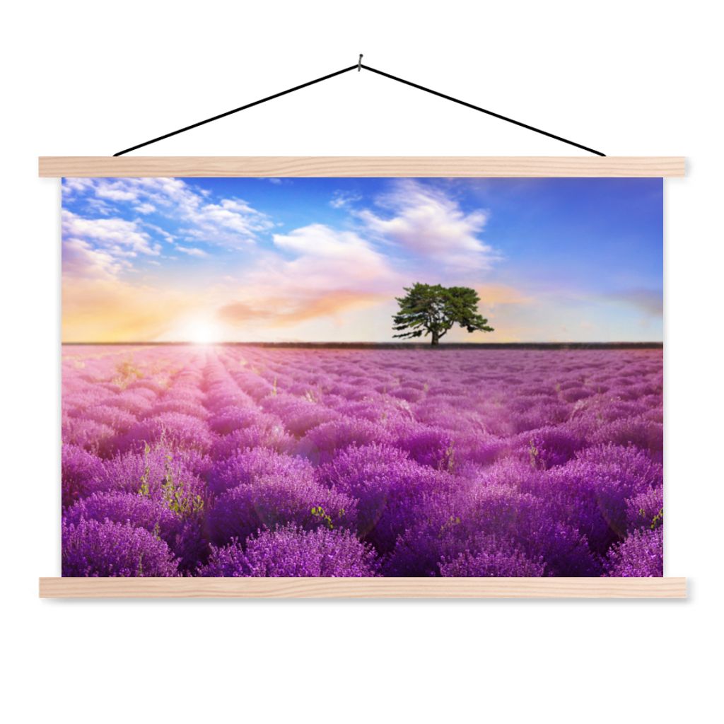 MuchoWow Textilposter Lavendel - Baum - Sonnenuntergang - Lila 60x40 cm mit holzfarbenen Rahmen - Bilder