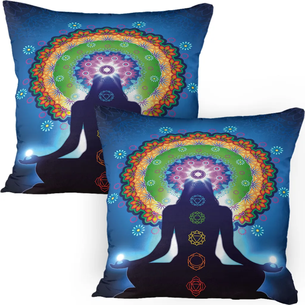 ABAKUHAUS Federa per cuscino Chakra Confezione da 2, silhouette di donna Yoga Fiori Zen Mandala Meditazione Sollievo Illustrazione, Federa per cuscino decorativa stampata, 80x80 cm, multicolore