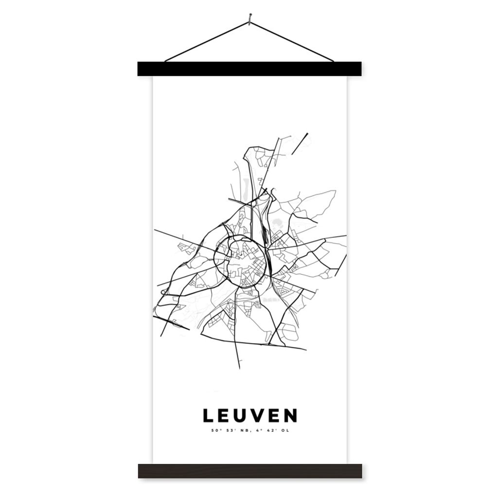 MuchoWow Textilposter Stadtplan - Schwarz und weiß - Karte - Leuven - Belgien 60x120 cm mit schwarzem Rahmen - Magnete