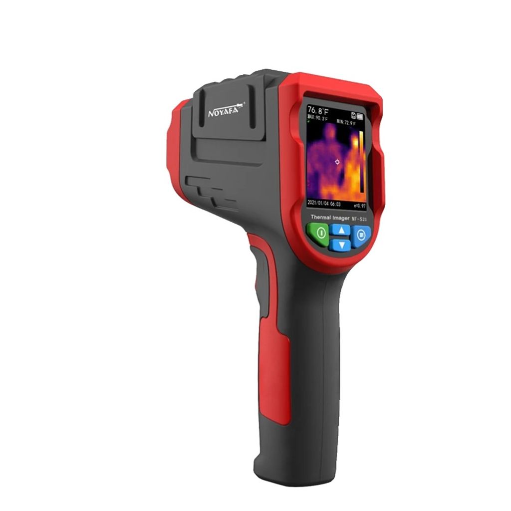 A red and gray infrared thermal imager is shown against a white background.