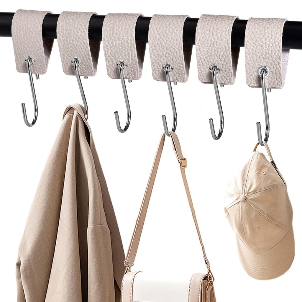 Set mit 6 S-förmigen Kleiderhaken mit Lederschlaufe, Haken für Kleiderständer, Kleiderhaken aus Edelstahl für Kleiderschrank, Küche, Badezimme...