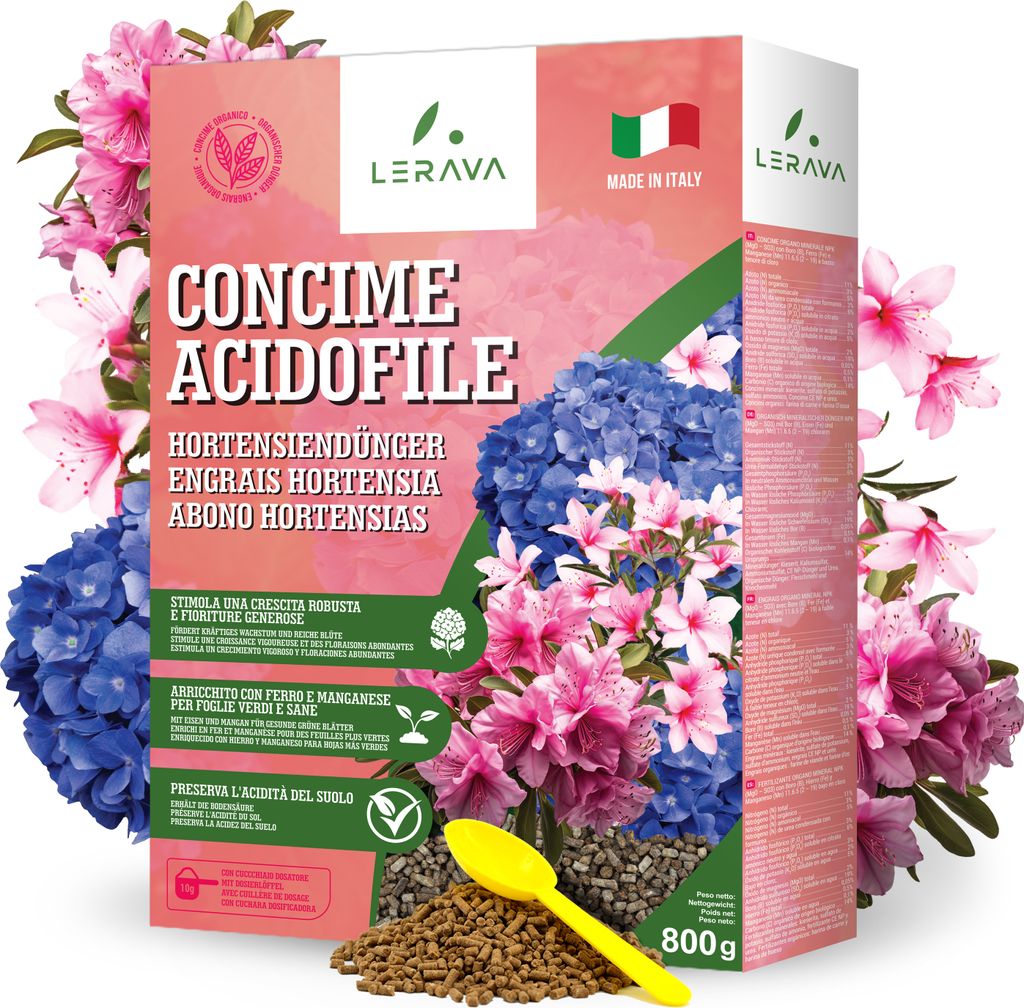 LERAVA Hortensiendünger - 800g x 2 - Dünger für säureliebende Pflanzen, erhält den Säuregehalt des Bodens und sorgt für eine reiche Blüte