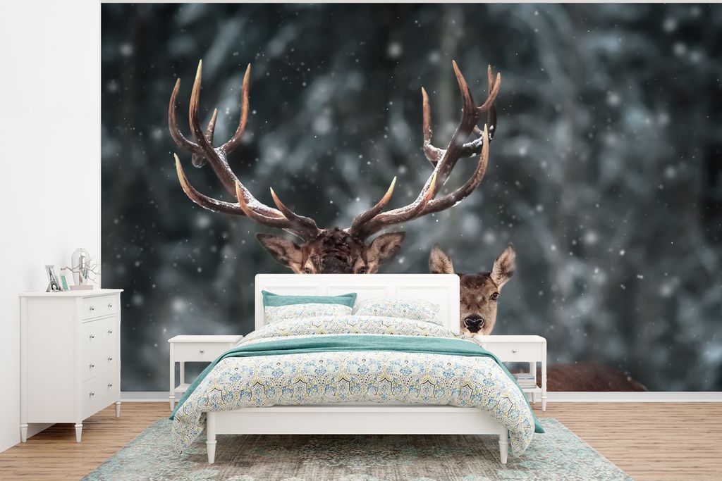MuchoWow Fototapete für Wohnzimmer oder Schlafzimmer Wandtapete Vinyl Motivtapete Hirsche - Tiere - Winter - Geweih - Schnee - Natur - 320x240 c...