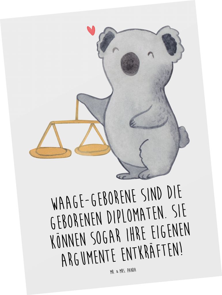 Mr. & Mrs. Panda Grußkarte Diplomatische Waage - Weiß - Geschenk, Postkarte, Geschenke Sternzeichen, Ansichtskarte, Ansichtskarten, Gerechtigkeit...