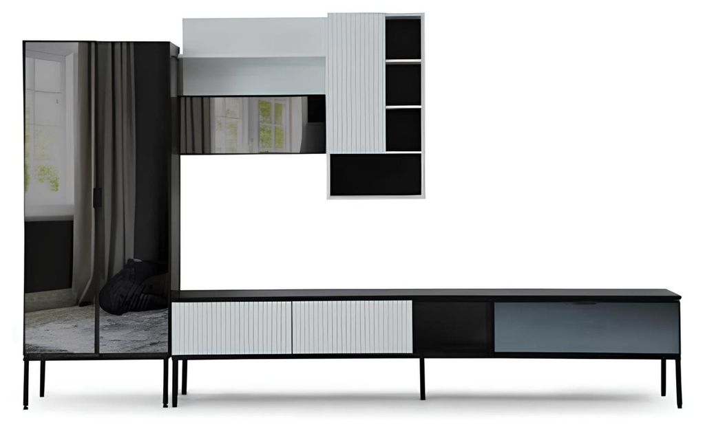 Wohnwand TV Ständer RTV Lowboard Vitrine Holz Modern Weiß Wohnzimmer