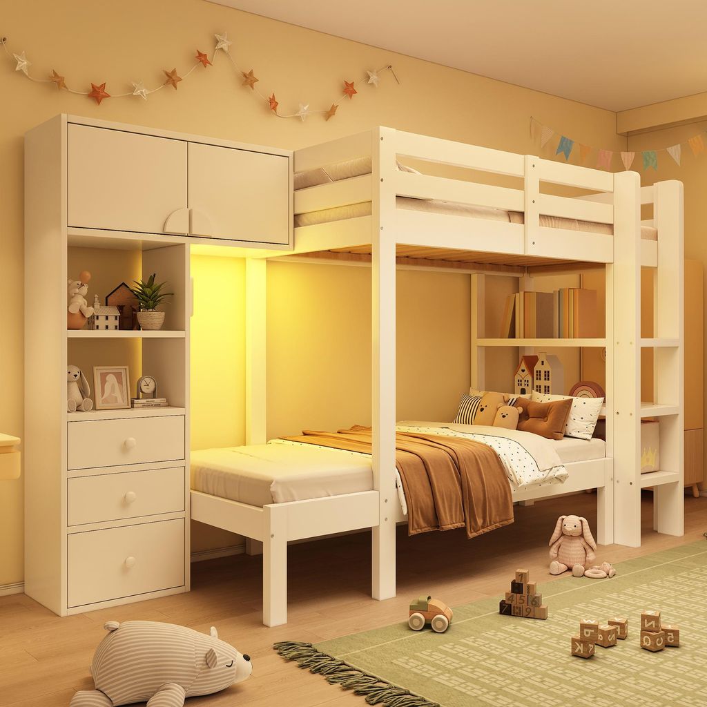Flieks Etagenbett 90x200cm mit Bewegungssensor-Nachtlicht, Kinderbett Hochbett mit Schrank und Regal, Stockbett Einzelbett für 2 Kinder, Weiß