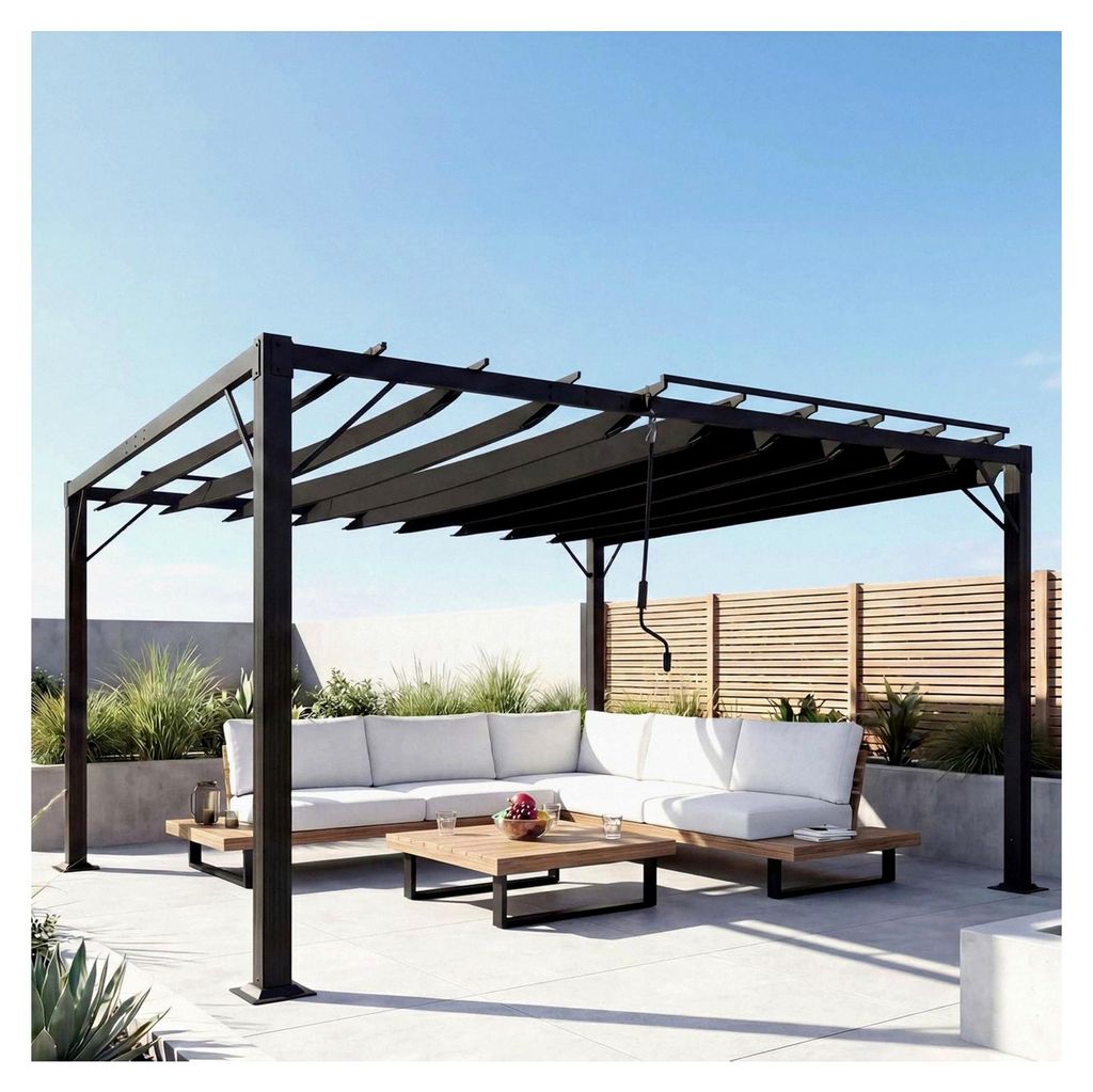 Pergola HWC-L40, Garten Lamellen-Pavillon Terrassenüberdachung, 8cm-Alu-Gestell Stoff/Textil, 3x4m anthrazit