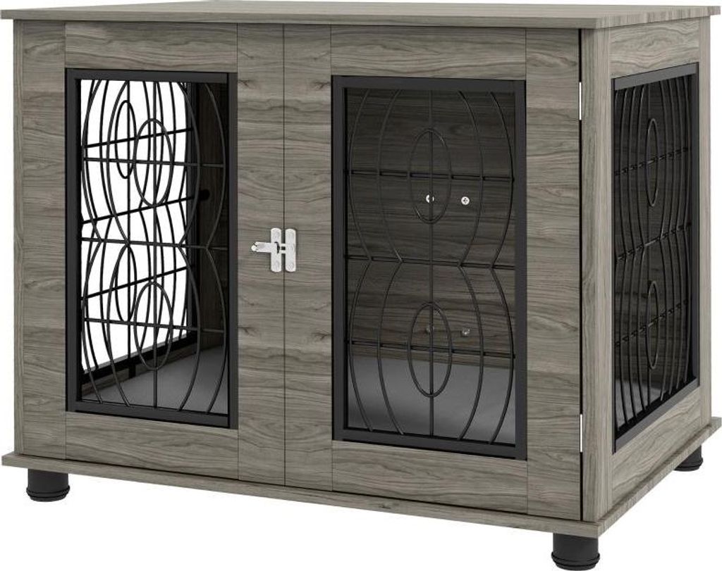 Hundebox mit Liegekissen, bis 20kg/50cm Körperlänge, Metall, 80x56x63cm, Grau/Holzdekor