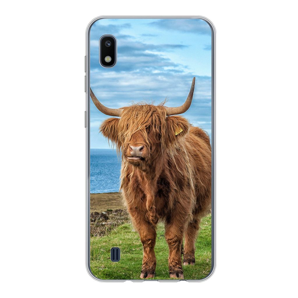 MuchoWow Handyhülle Schutzhülle Hülle für Samsung Galaxy A10 Schottischer Highlander - Wasser - Hörner Silikon Softcase Handy Hülle - Schut...