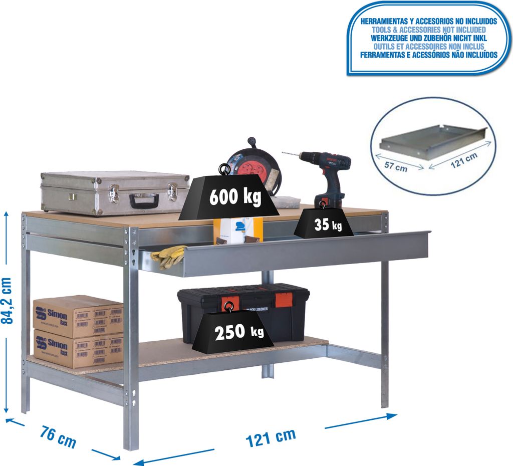Simonrack Werkbank SIMONWORK BT0 BOX silber 1 Schublade 121,0 x 76,0 x 84,2 cm