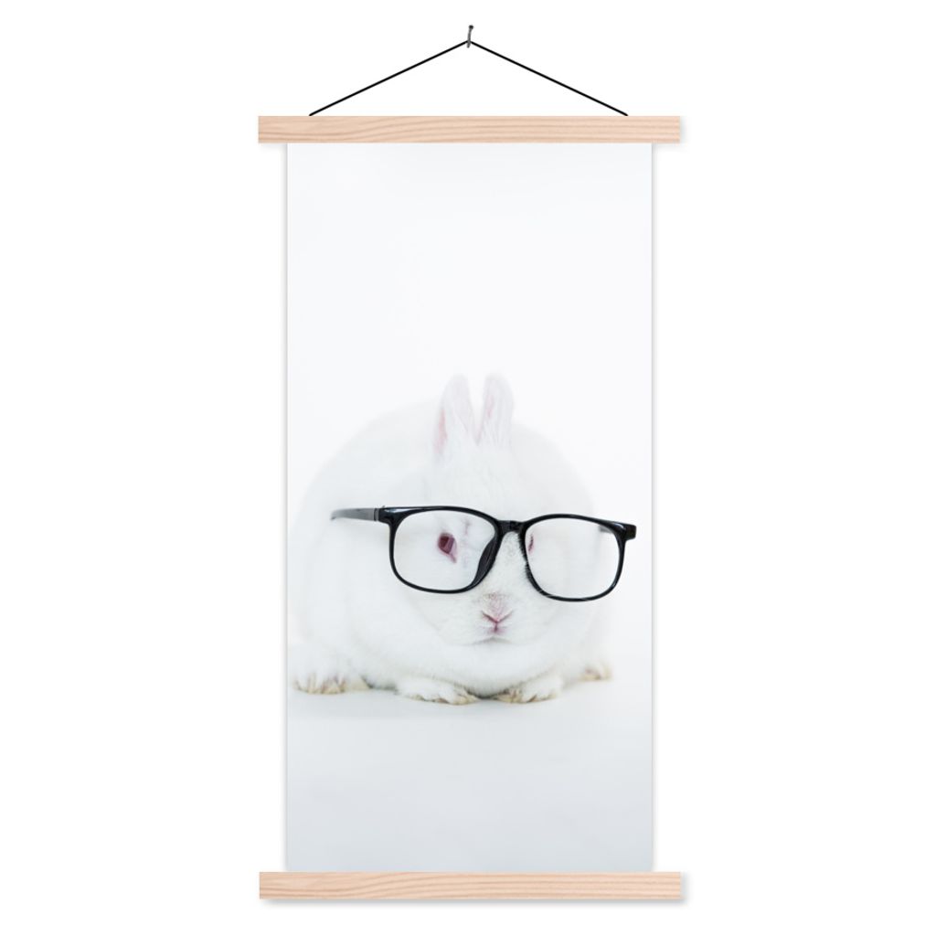 MuchoWow Textilposter Kaninchen - Brille - Hipster 60x120 cm mit holzfarbenen Rahmen - Holz