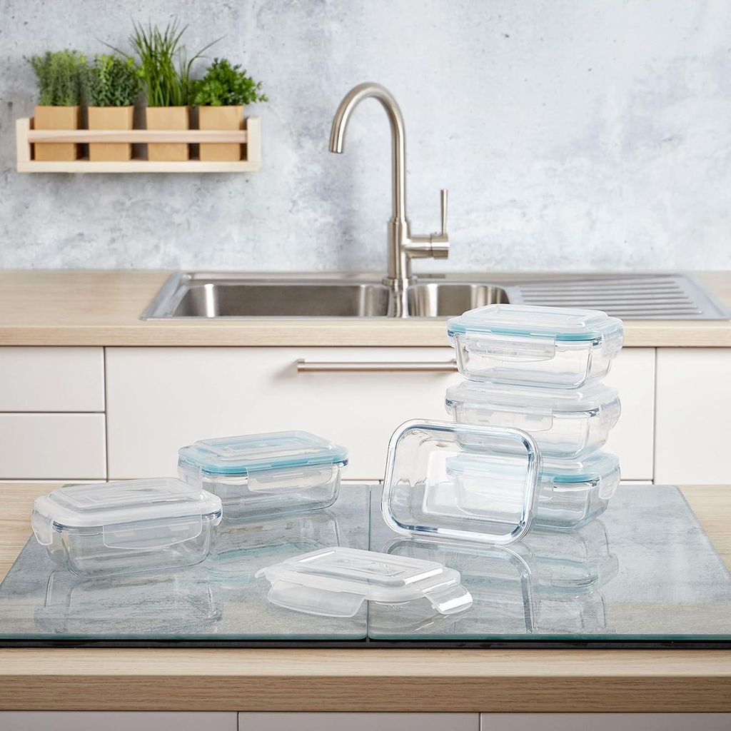 Rechteckige Glasfrischhaltedosen Set - 6 Stück à 370 ml - Luft- und Flüssigkeitsdichte Ofenschalen