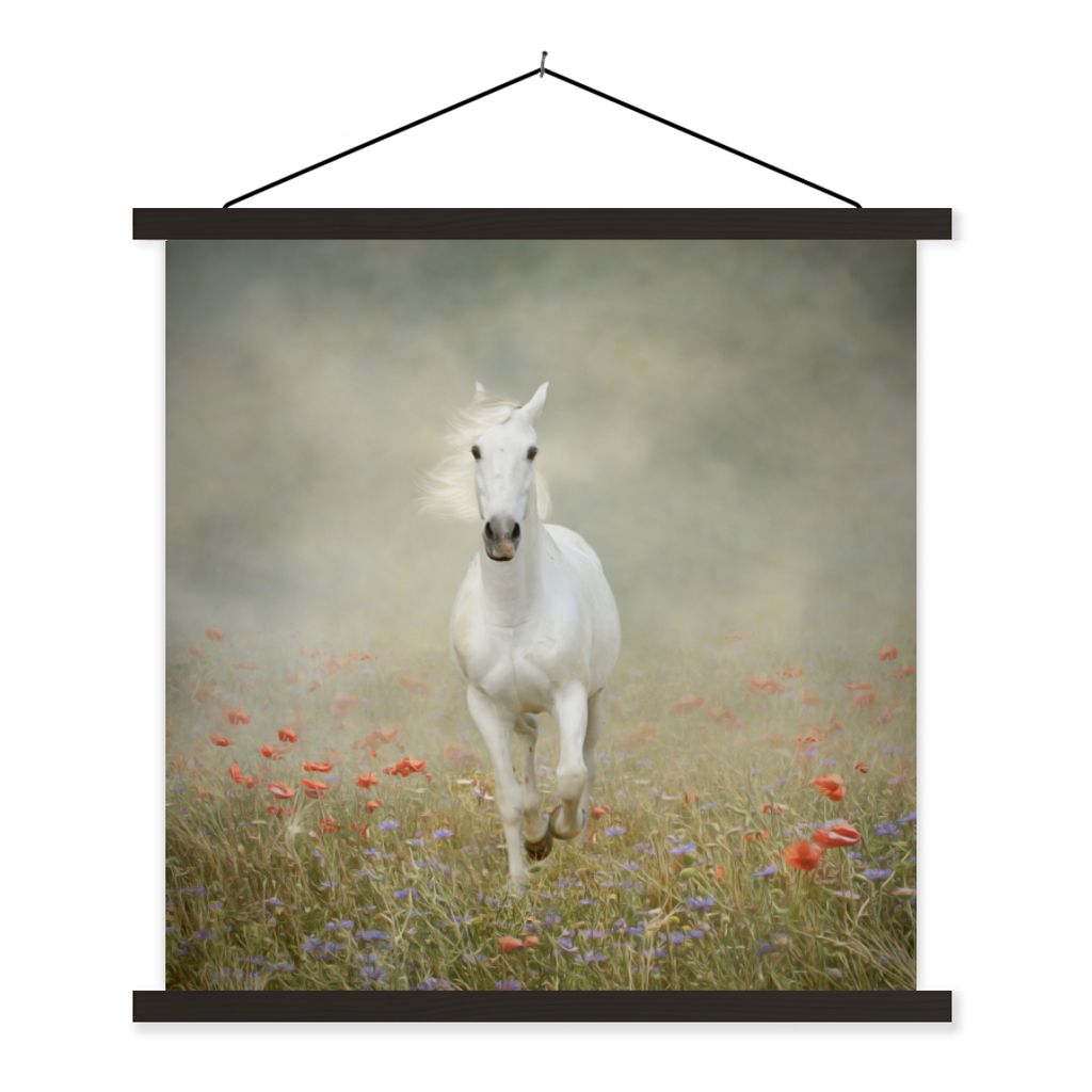 MuchoWow Textilposter Pferd - Stoff - Blumen 40x40 cm mit schwarzem Rahmen - Fotos