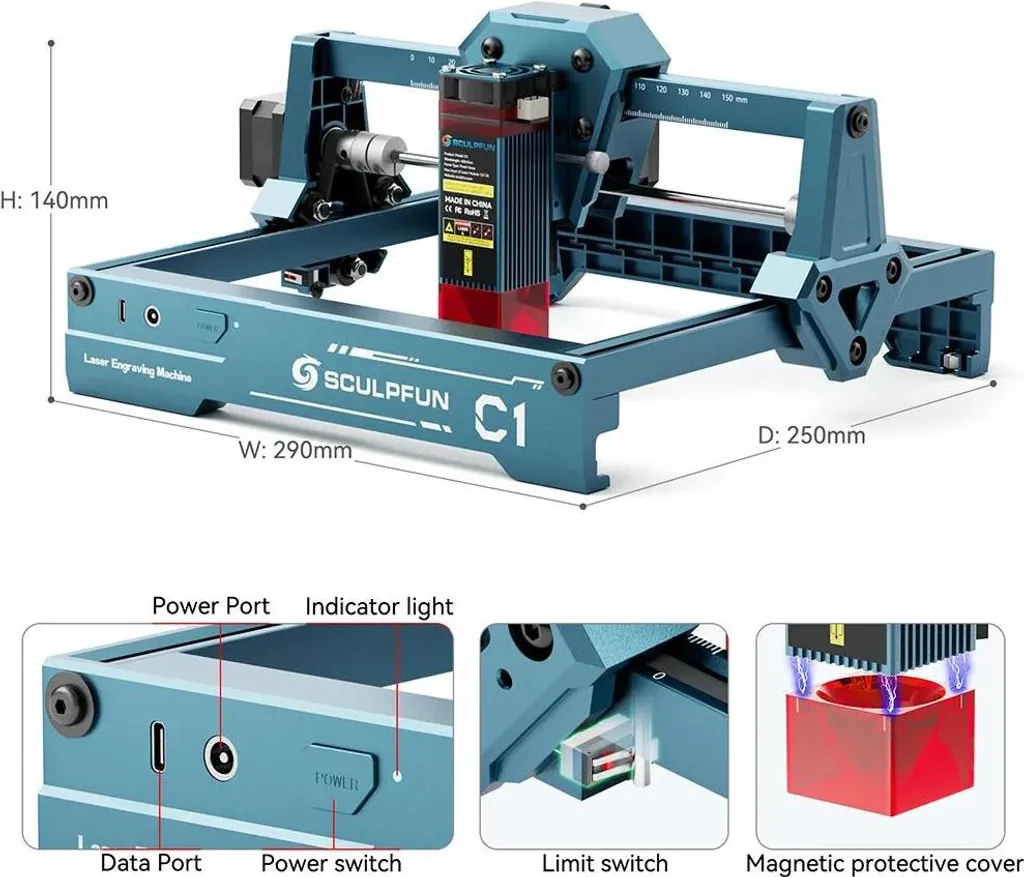 Machine à graver laser compacte C1 Noir pour bois et cuir DIY