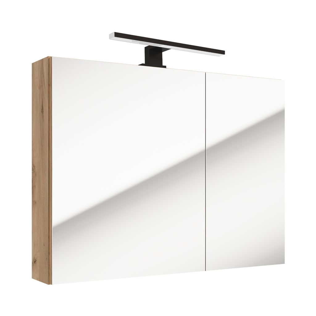 Badmöbel Spiegelschrank 80 cm mit LED Aufbauleuchte LUCCA-107 in Eiche Nb., B/H/T: ca. 80/65/15 cm