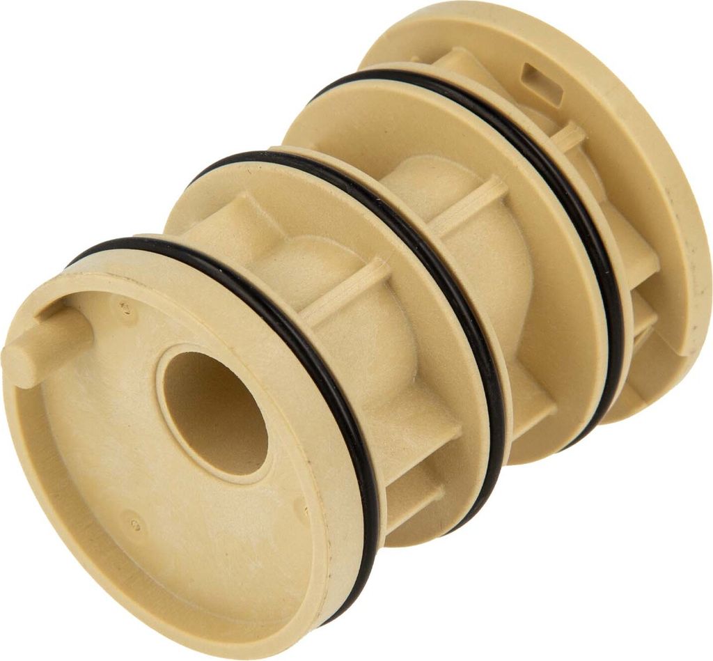 A close-up studio shot of a beige plumbing adapter with black O-rings.