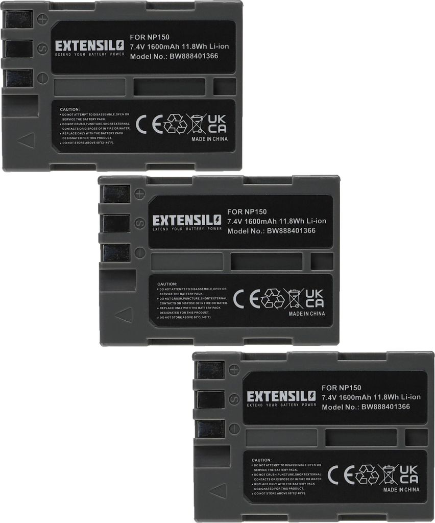 EXTENSILO 3x Akku kompatibel mit Fujifilm IS Pro, BC-150 Kamera (1600 mAh, 7,4 V, Li-Ion)
