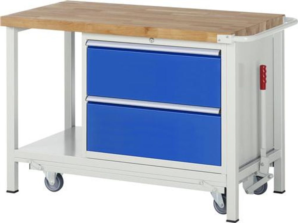 Mobile absenkbare Werkbank, Ablageboden, 2 XL Schubladen - Vollauszug - 270:2 - 880 x 1.250 x 700 mm (HxBxT) - Traglast 1.250 kg - Buche