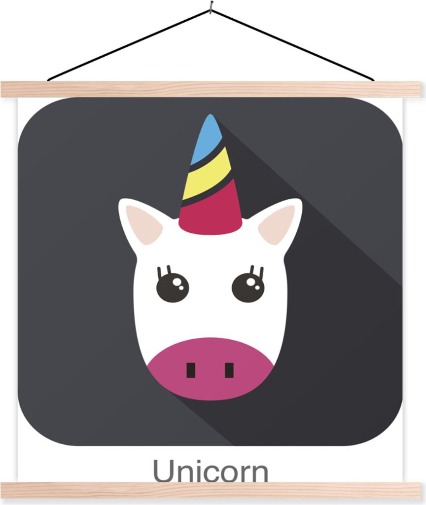 MuchoWow Textilposter Illustration des Gesichts eines Einhorns auf schwarzem Hintergrund - Mädchen - Kinder - Kinder 120x120 cm mit holzfarbenen...