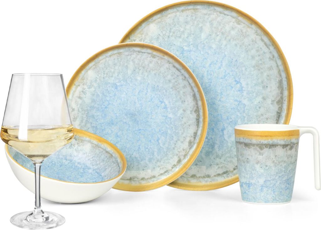 Melamin Camping Geschirr Set 4 Personen Crystal Blue + 4 Milano Weiß Weingläser Tafelgeschirr Picknick BBQ Kochgeschirr