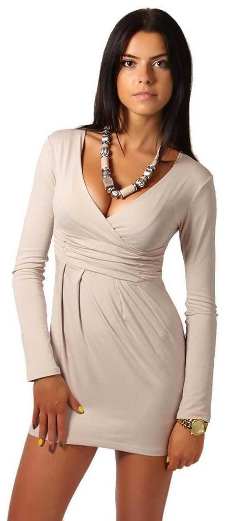 Longshirt Shirt Top Mini Kleid V-Ausschnitt ; Beige L/XL Produktbild 