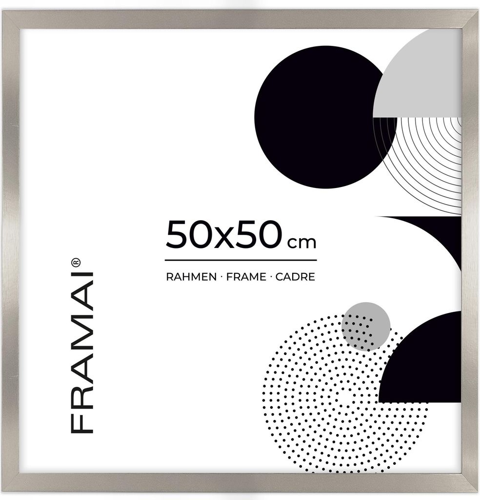 FRAMAI Bilderrahmen 50x50 cm Silber MDF Umweltfreundlichem Rahmen mit Bruchsicheren Plexi, Aufhänger