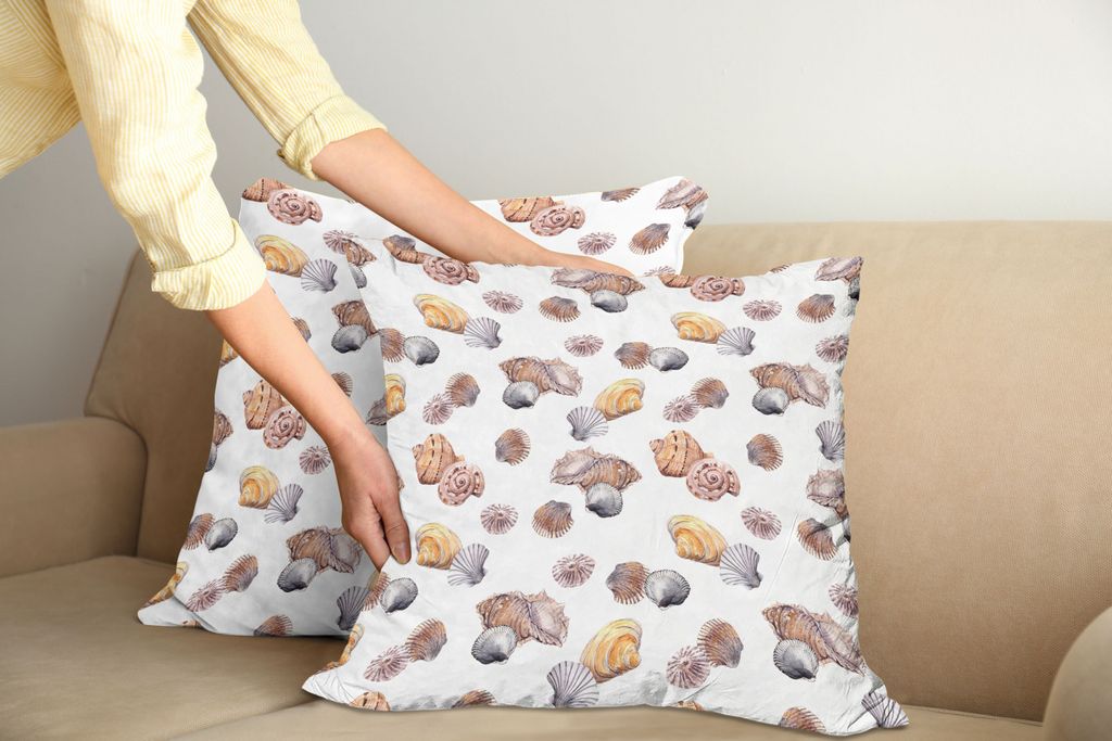 ABAKUHAUS Muscheln Kissenbezug Set (2Stück), Shell Pattern Seashore Urlaub Reise Illustration Marine Hintergrund, 45x45cm, Marigold Weiß Mauve