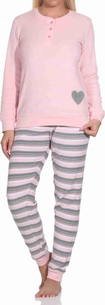 Wunderschöner Damen Frottee Schlafanzug mit Bündchen und Herz-Motiv - auch in Übergrössen ; rosa , 40