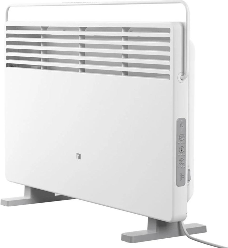 A white Xiaomi smart space heater is shown from a three-quarter side view, standing on its grey feet.