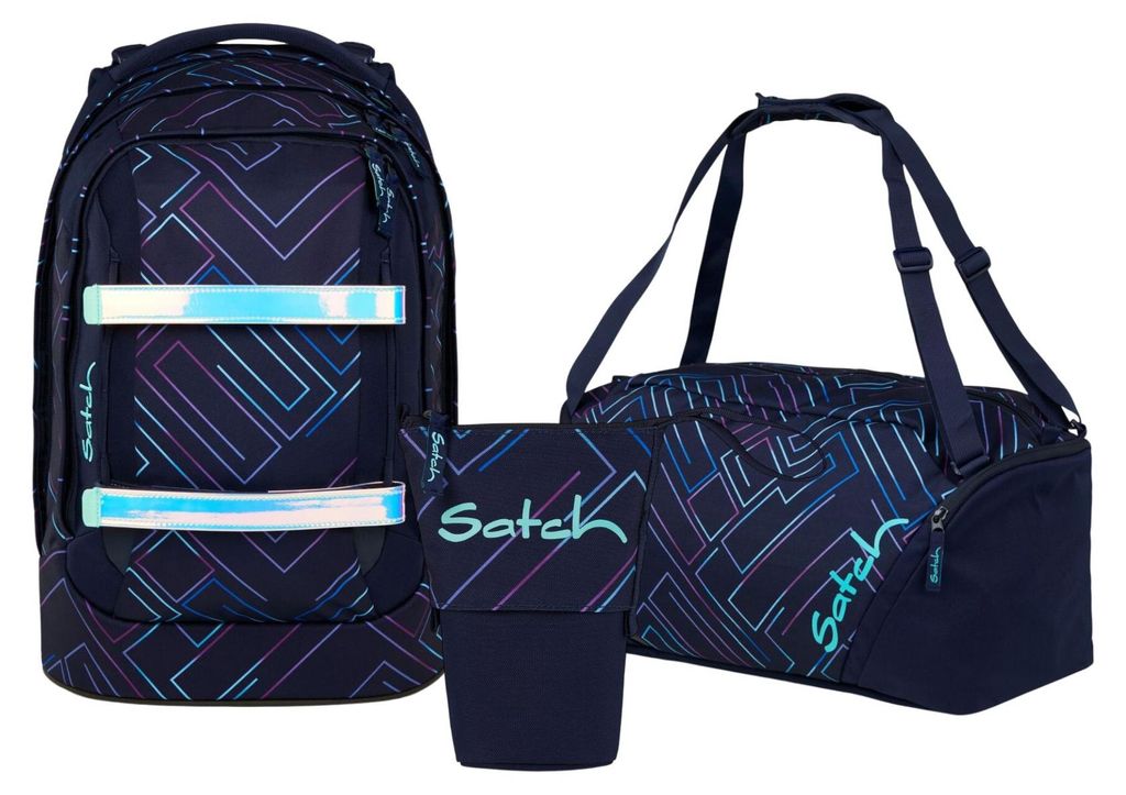 Satch, Schulrucksack-Set PACK Purple Laser 3-teilig, ab 5. Klasse