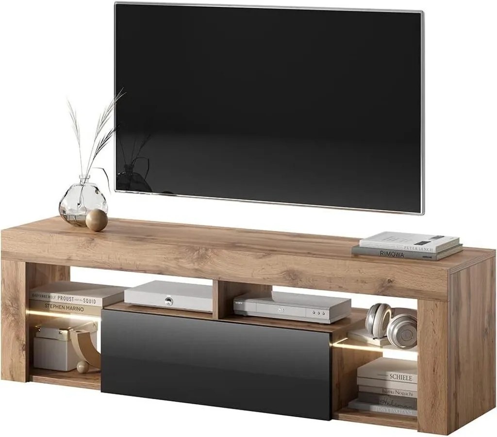 Banc TV Moderne 140 cm avec LED Meuble de Salon Chêne Lancaster et Noir
