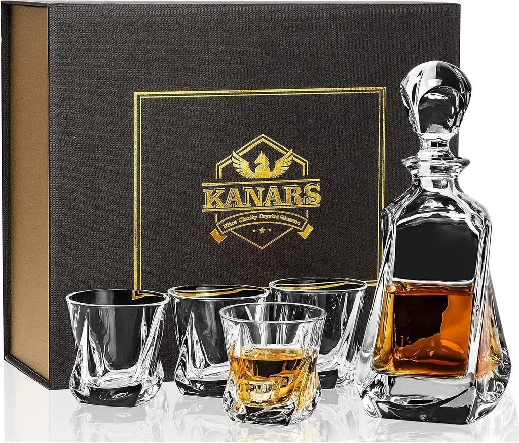 Set Decanter Whisky e 4 Bicchieri in Cristallo Senza Piombo - Regalo Lusso