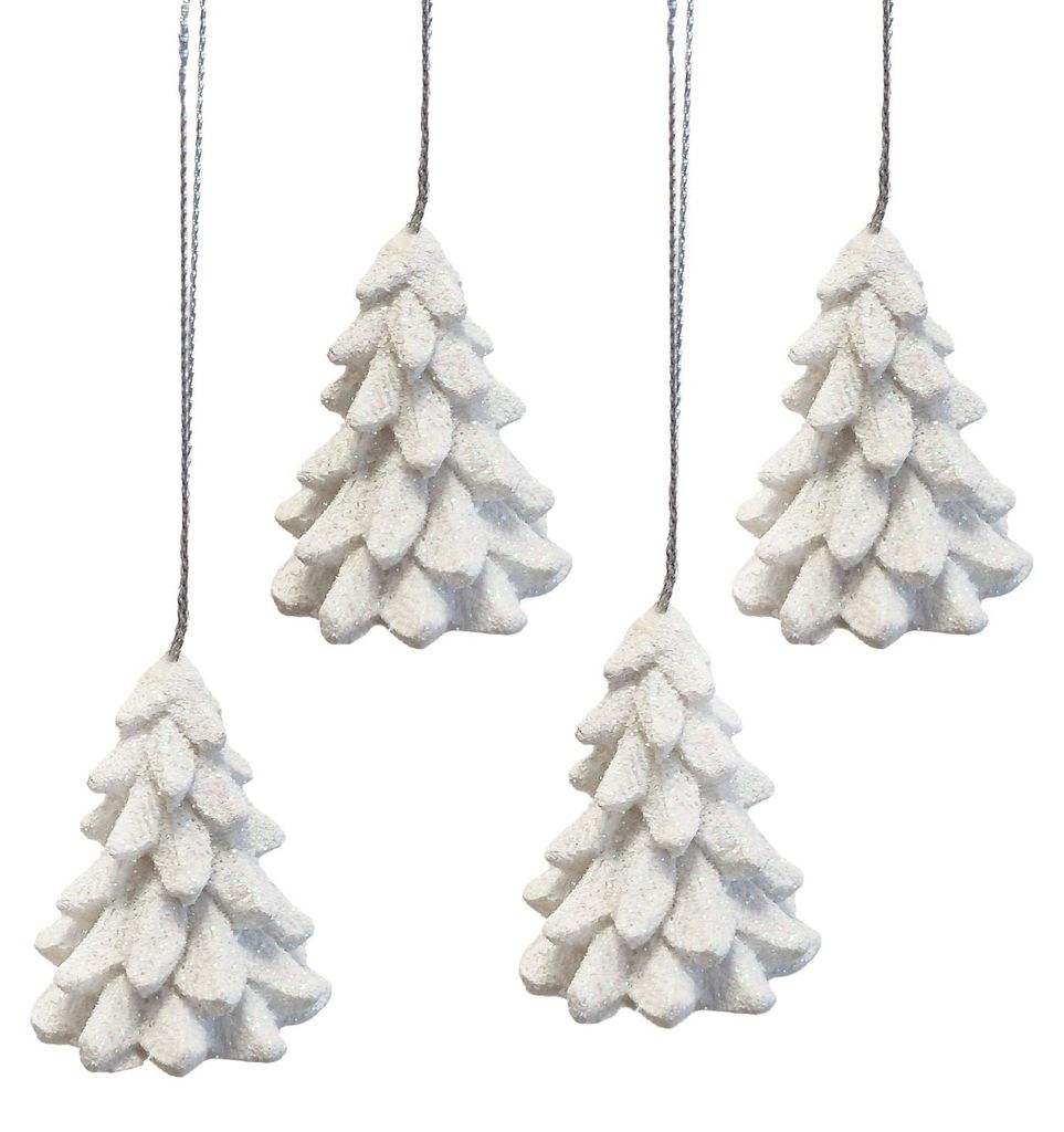 Weihnachtsanhänger Bäume 4er Set Weiß 4,5 cm Polyresin mit Glitzer – Christbaumanhänger Winterdeko Baumschmuck – Logbuch-Verlag