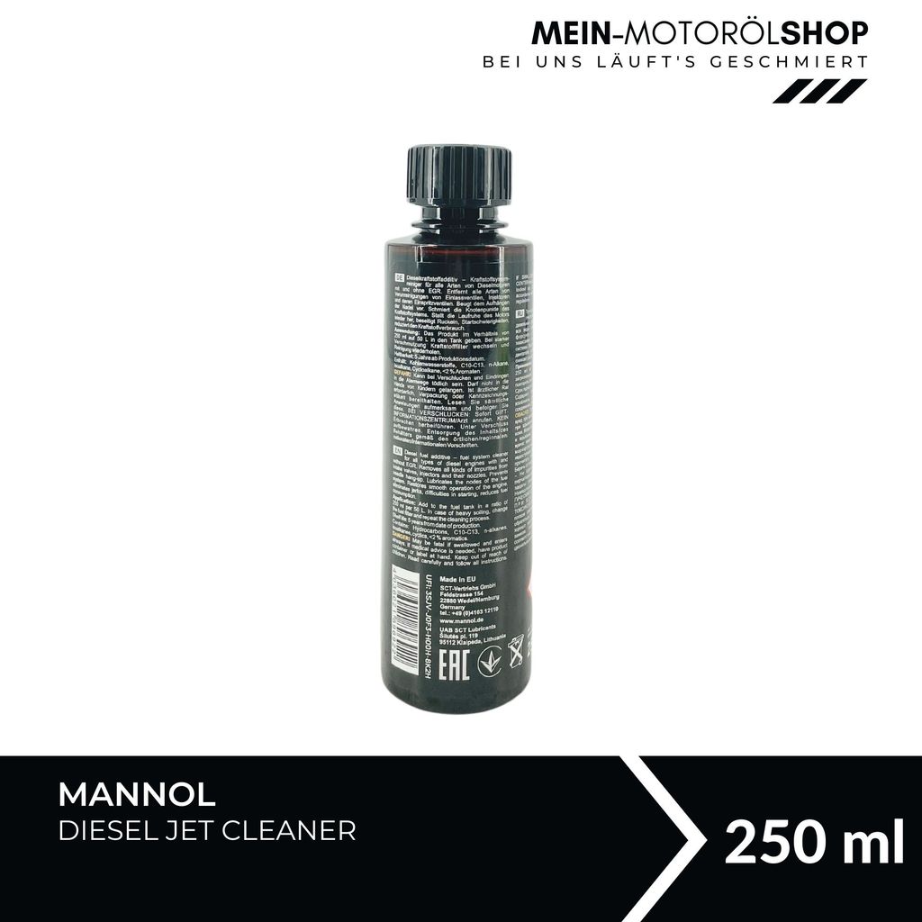 A bottle of Mannol Diesel Jet Cleaner against a white background, with brand logo and text at the top and product details at the bottom.