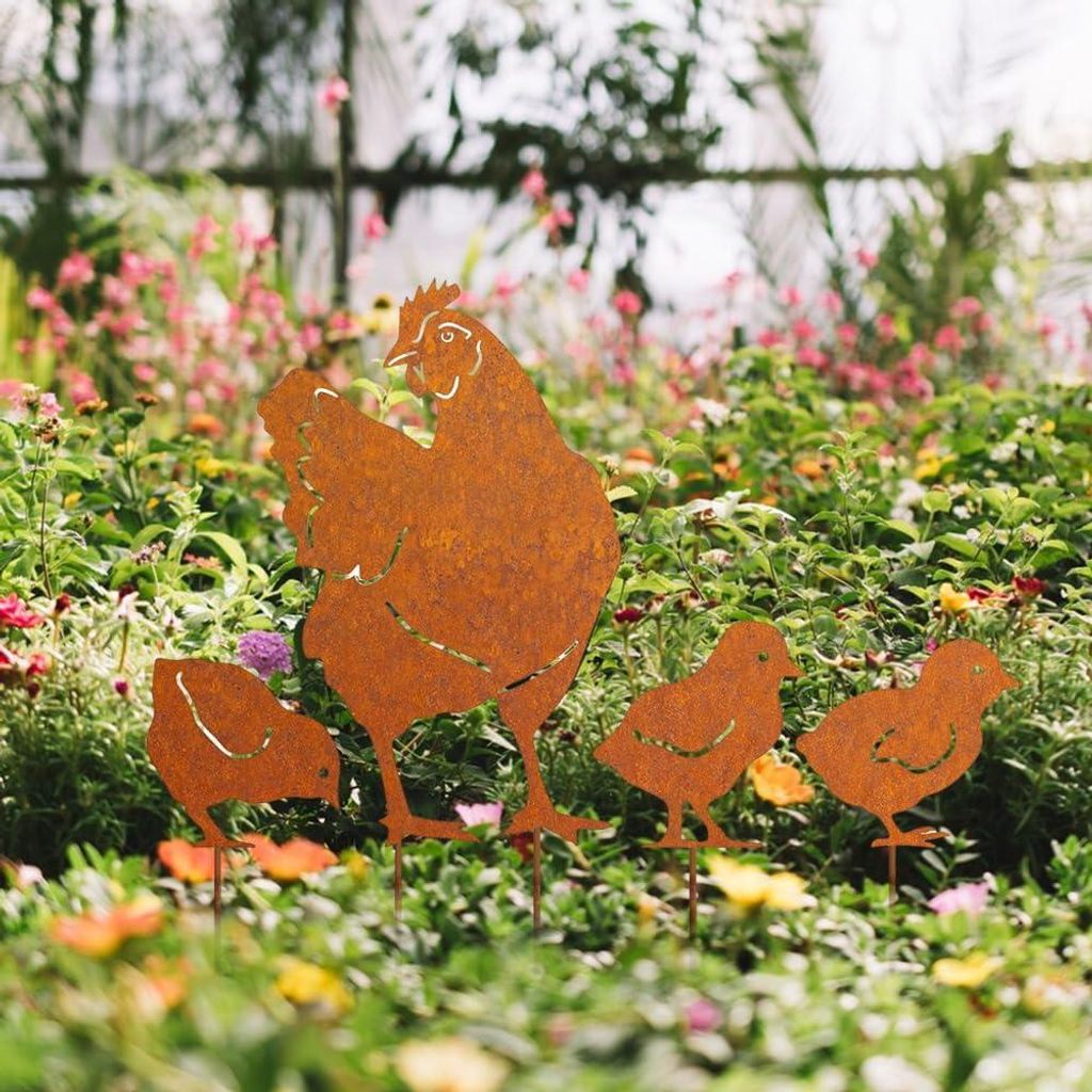 Gartenstecker für Hühner 4 Stück aus Patina Metall Gartendekoration - Hühnergarten Rostdekoration für Garten, Terrasse, Balkon oder Blumentopf