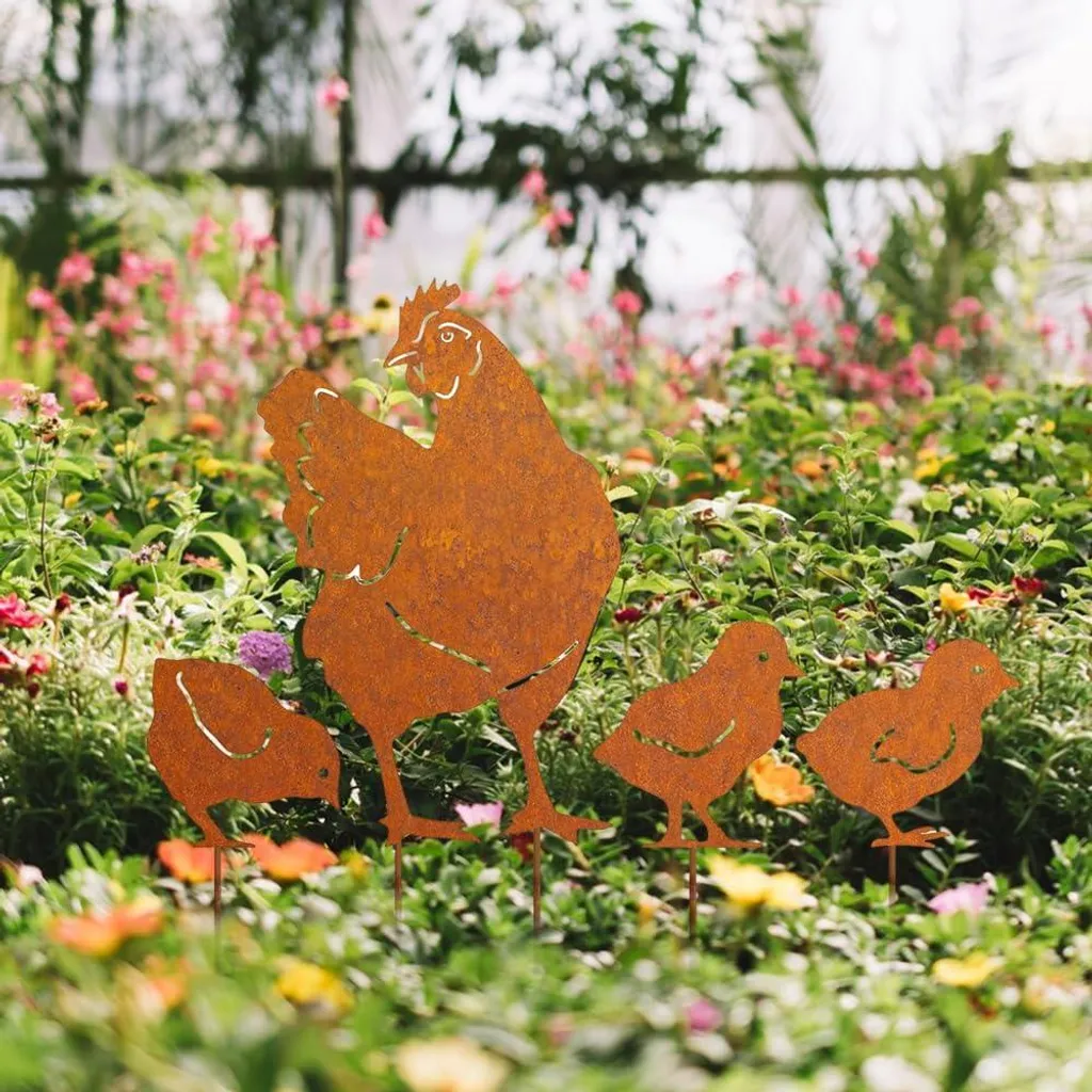 Poules décoratives en métal patiné pour terrasse et balcon lot de 4